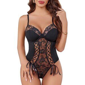 Womens Black AI Lace Up V Neck Bustier Lingerie One Piece Teddy Bodysuit Outfit